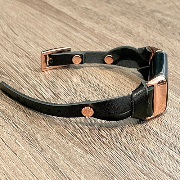 Black Leather Slim Strap Fitbit Charge 5 Band Rose Gold Jewelry Women Bracelet - Picture 8 of 8